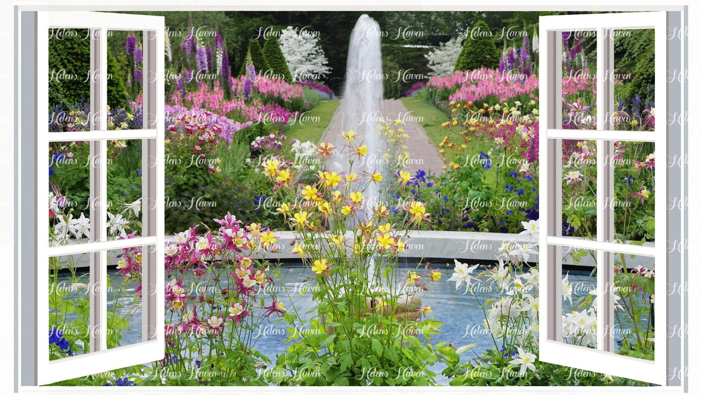 A fountain surrounded by flowers