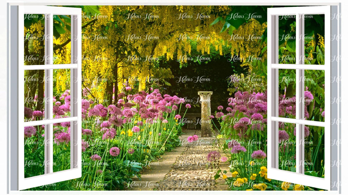 a floral archway of yellow flowers with purple aliums on either side of the aisle