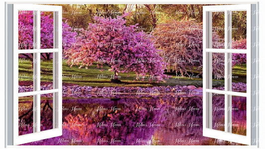 purple cherry blossoms reflecting in a lake