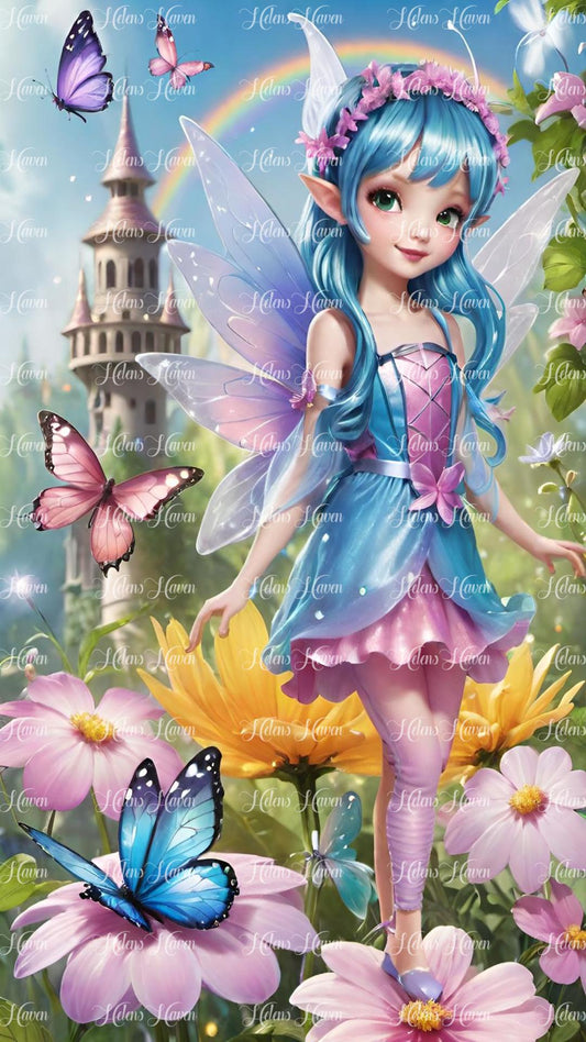 Pink and pale blue fairy in pink flowers and castle tower