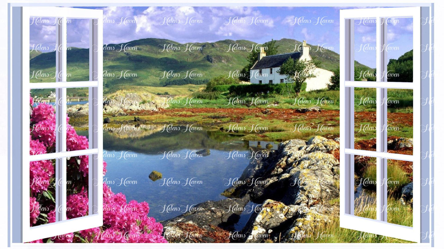 Country cottage overlooking a lake.