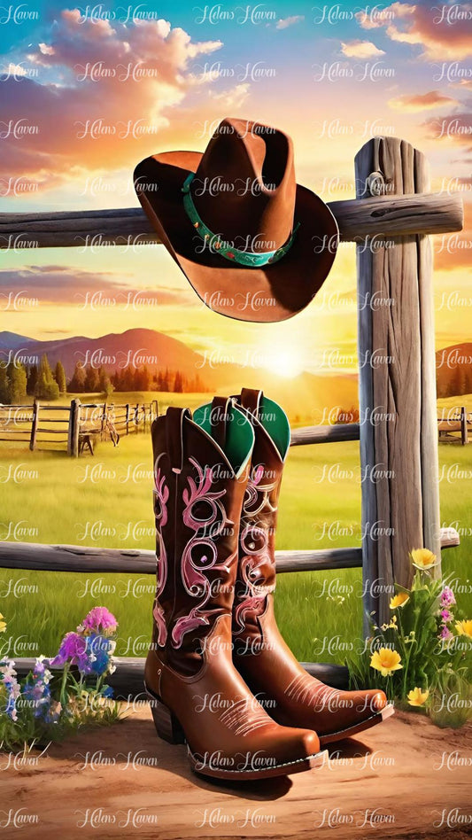 Cowboy boots and hat on a fence at sunset