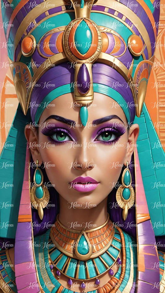 Cleopatra wearing colourful teal and purple headgear