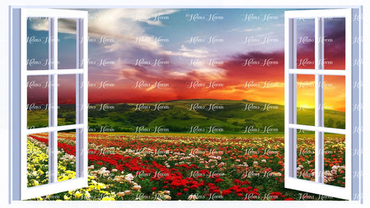 A field of flowers with a fiery sunset in the sky above