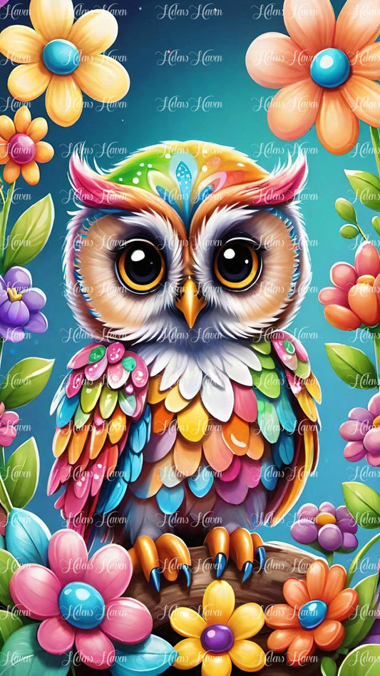 Cute colorful owl amid flowers