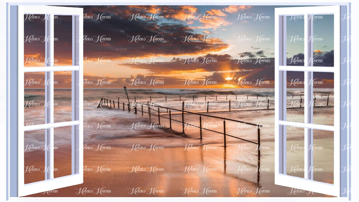 A sea water swimming pool at sunset by the seaside