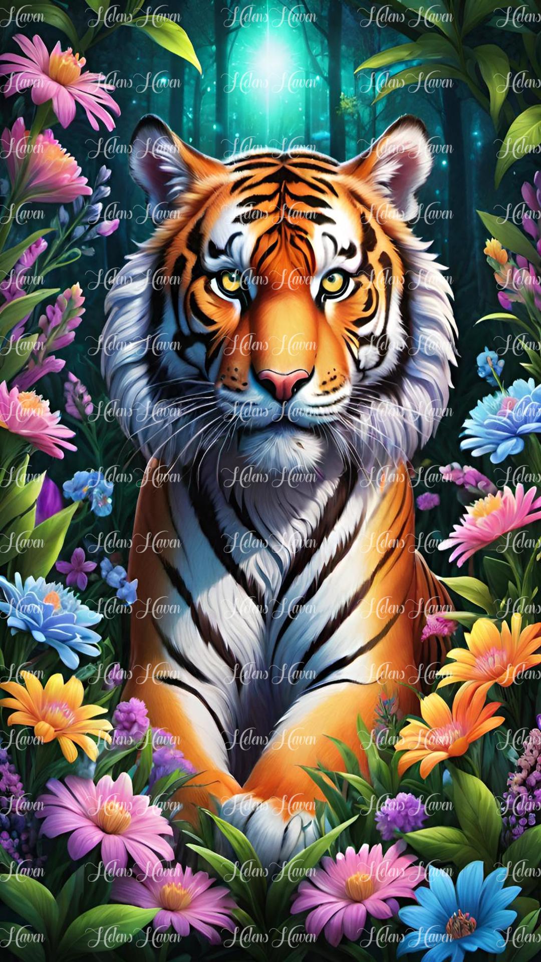 Tiger amid flowers in a forest at night