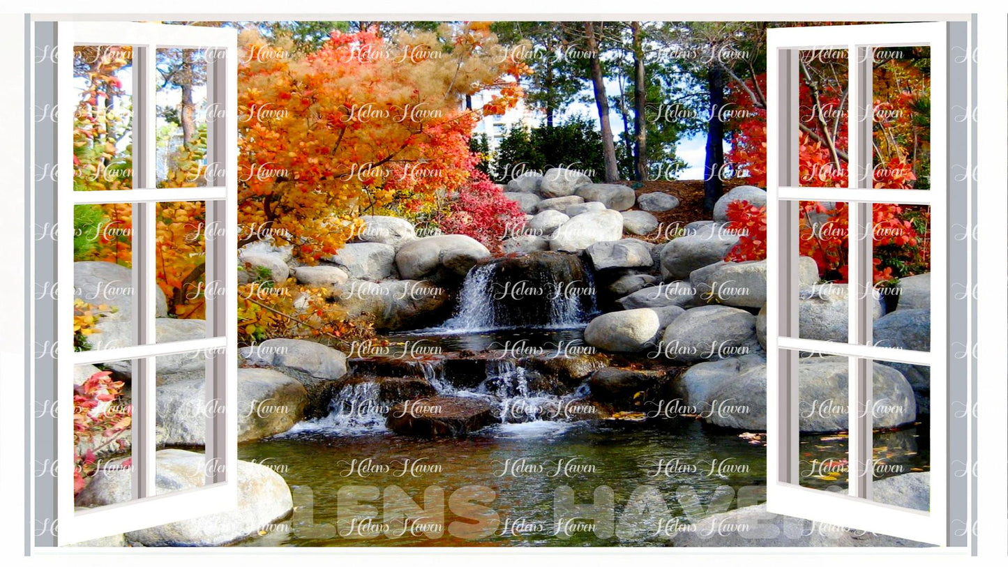 Autumnal leaves near a white rock waterfall