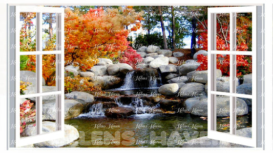 Autumnal leaves near a white rock waterfall