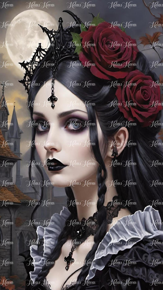 Gothic girl in black with red roses