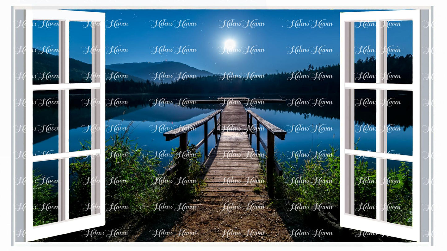 A pier with the full moon shining in the evening sky