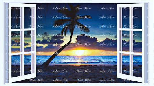 The sun sets somewhere on the Hawaiian coastline with a palm tree silhouette in the foreground