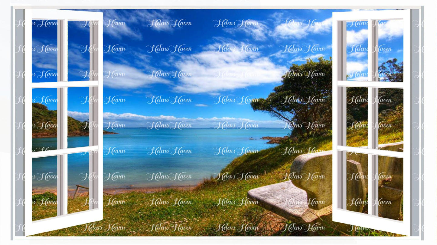 A view from a bench sitting on a coastline