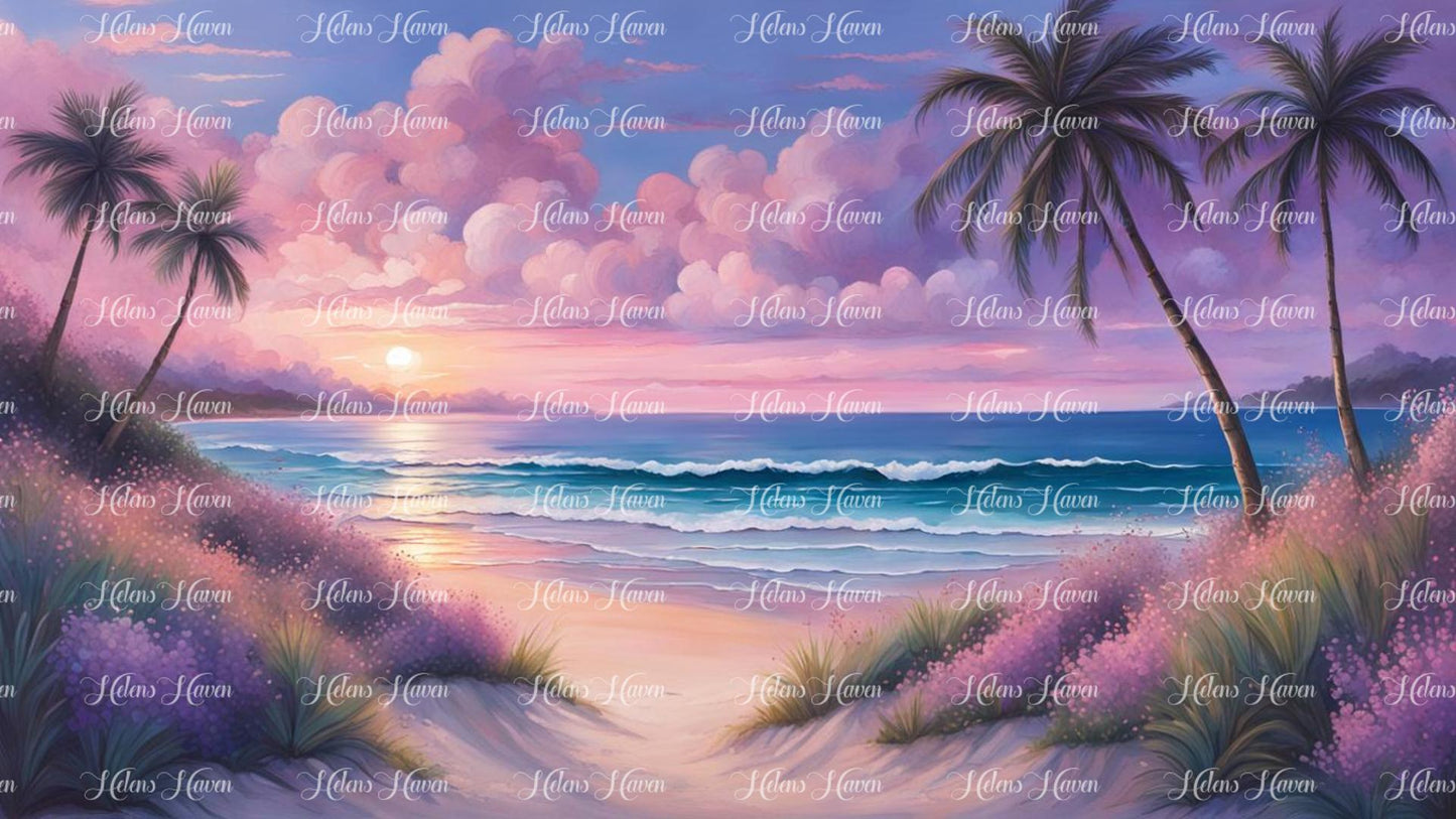 Landscape widescreen scenery of a beach at sunset in pinks and blues and purples