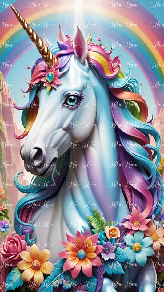 White unicorn with colourful mane, flowers and rainbow