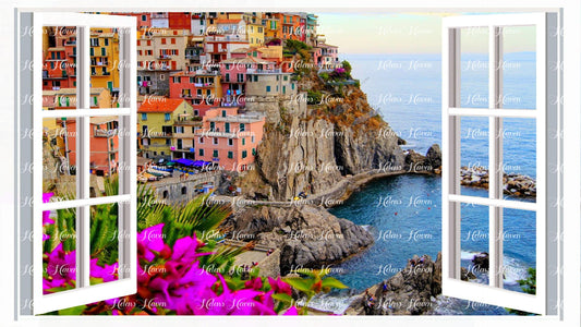 Purple bougainvillea frames a European beach view with houses on the cliffs