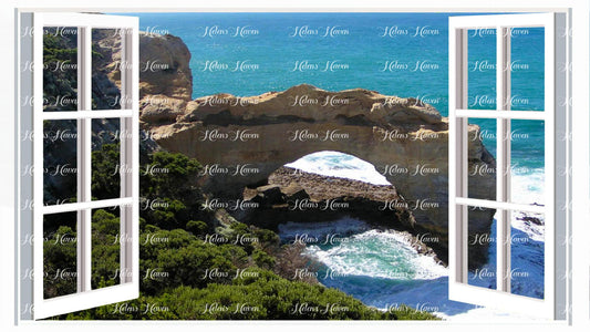 A view of a sea cliff gate with waves crashing