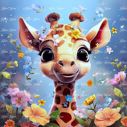 Cute baby giraffe amid flowers