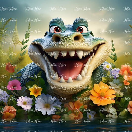 Laughing crocodile in flowers
