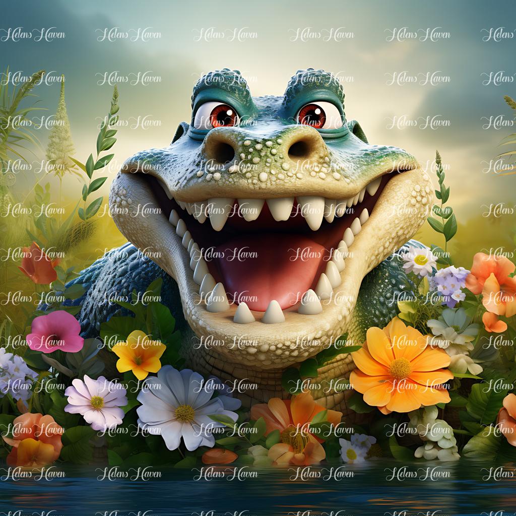 Laughing crocodile in flowers