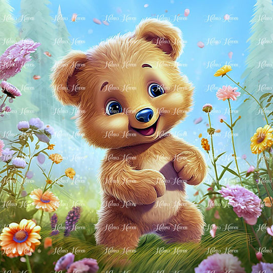 Cute teddy bear walking in a flower garden