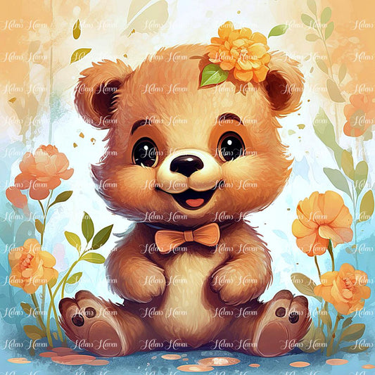 Teddy bear sitting amid flowers