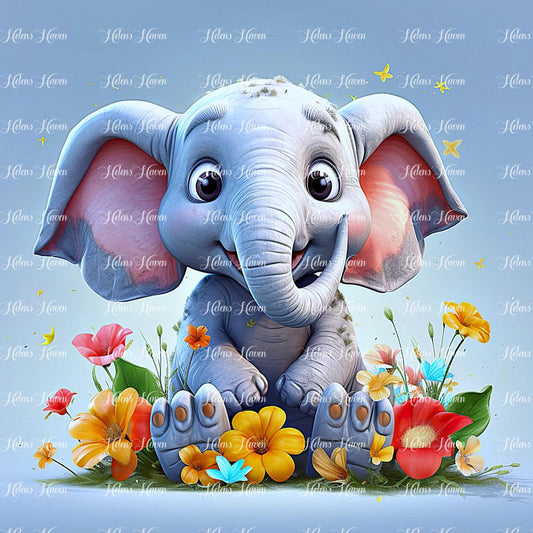 Baby elephant sitting in flowers