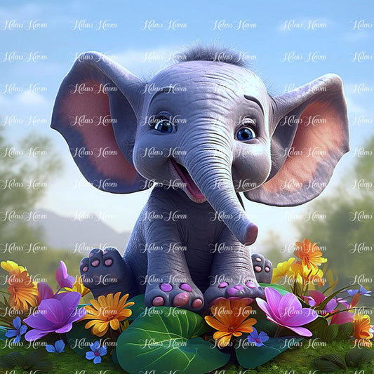 Cute baby elephant in flowers