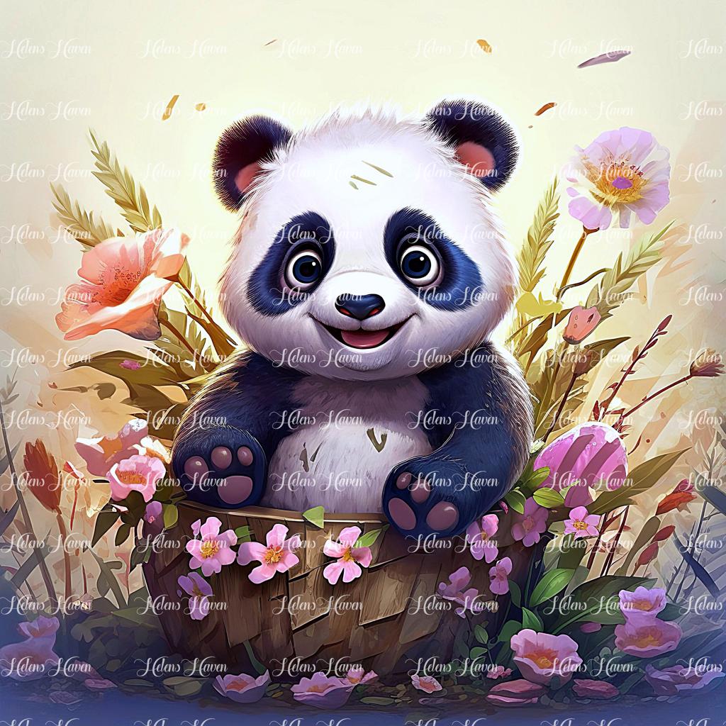 Cute baby panda in pink flowers