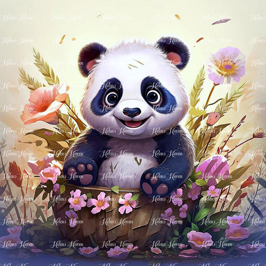 Cute baby panda in pink flowers