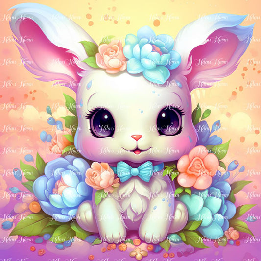 Cute white baby bunny in flowers