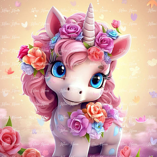 Cute baby pink unicorn adorned with flowers