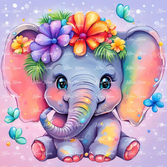 Elephant baby wearing colourful flowers