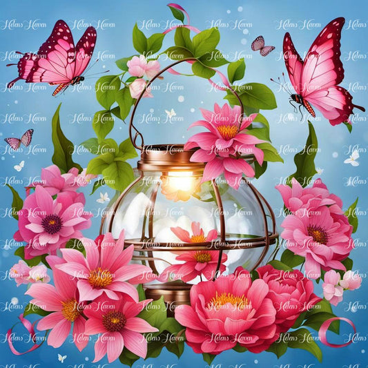 Floral pink lantern with butterflies