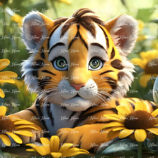 Tiger cub in yellow flowers