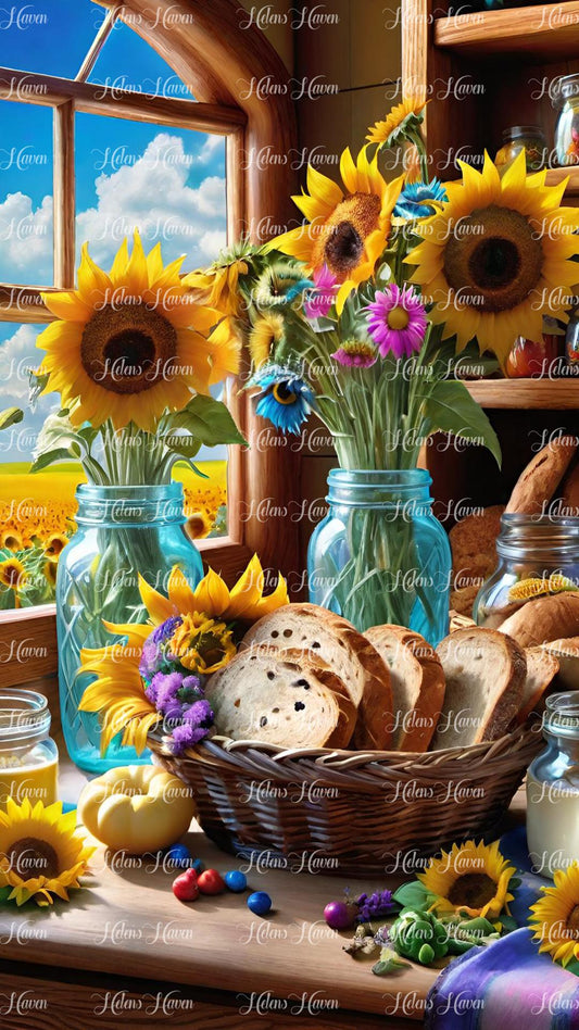 Country kitchen scene with sunflowers