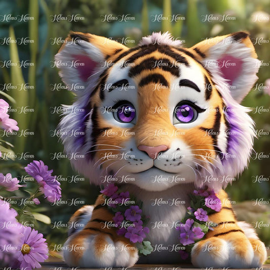Tiger cub in purple flowers