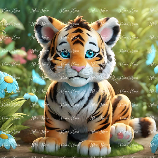 Tiger cub in blue flowers