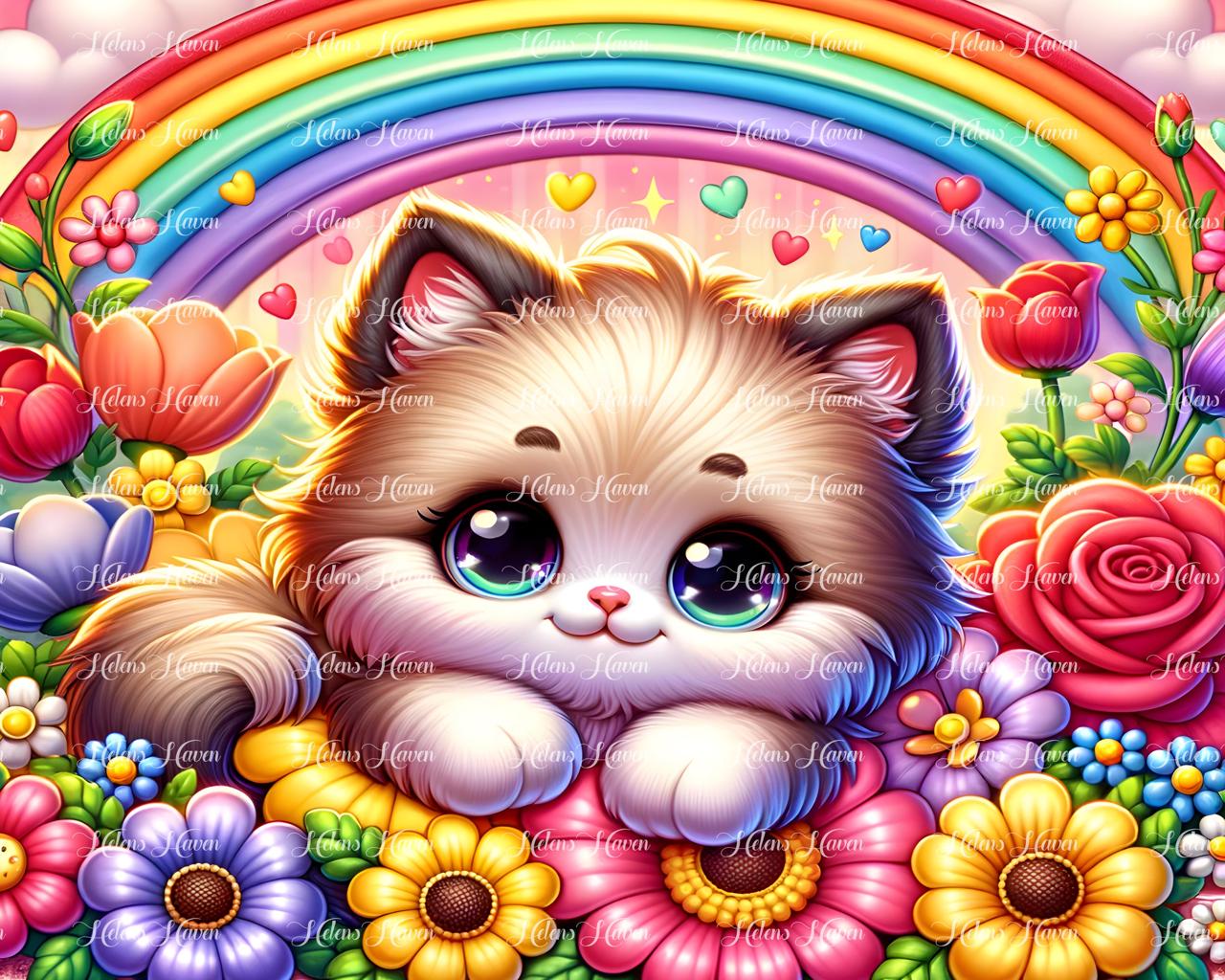 Cute kitty laying on flowers under a rainbow