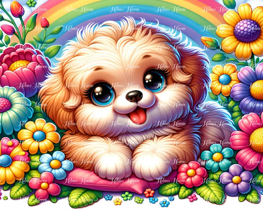 Cute puppy lying on flowers under a rainbow