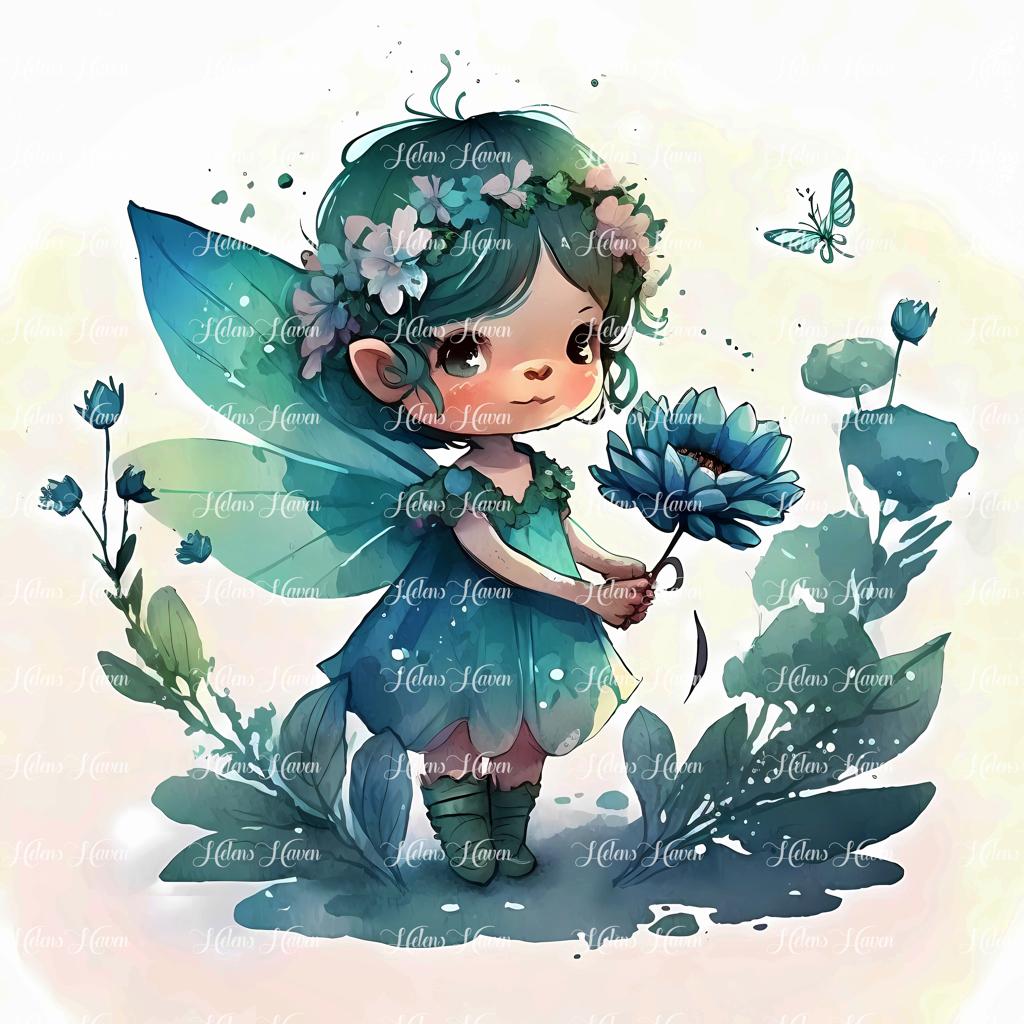 Pretty teal girl fairy with flowers