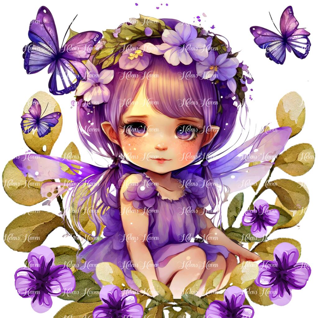 Pretty purple fairy sitting in flowers