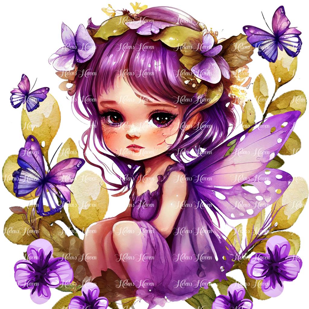 Purple fairy girl in flowers with fluttering butterflies