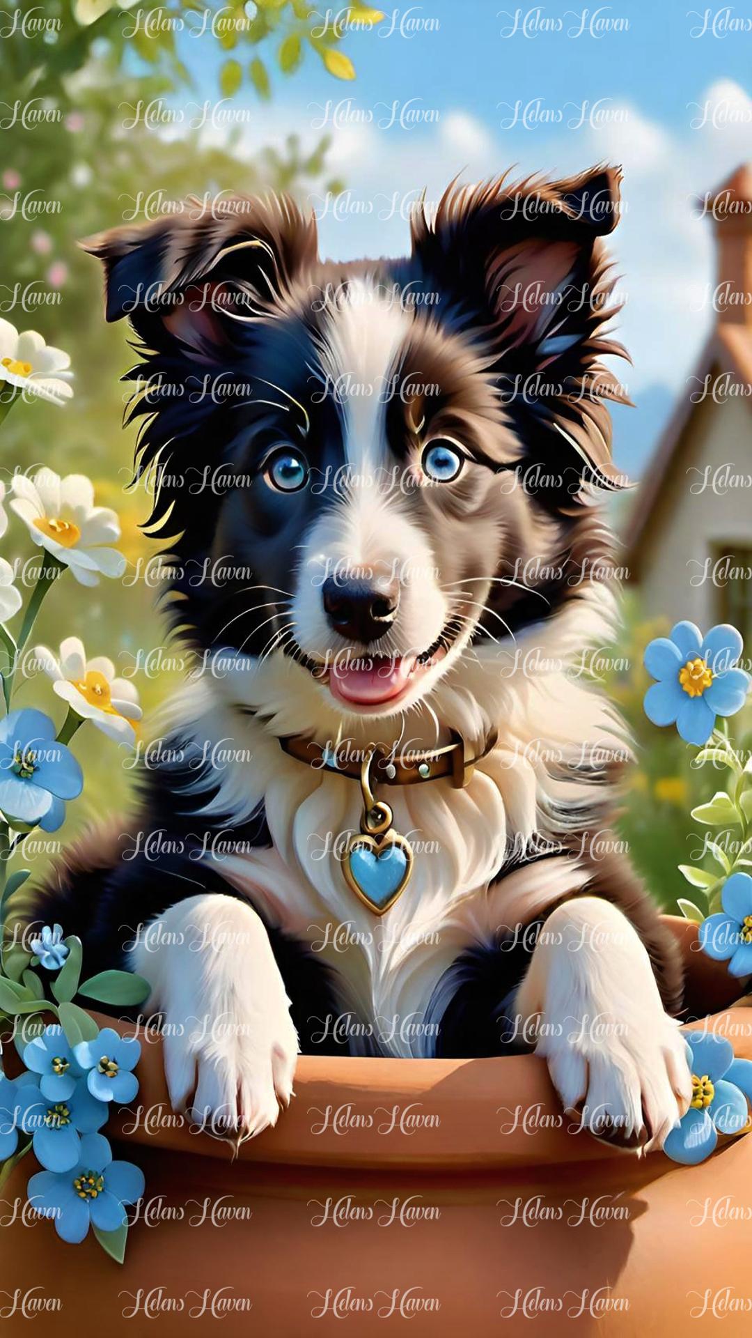 Black and white Collie dog in a pot