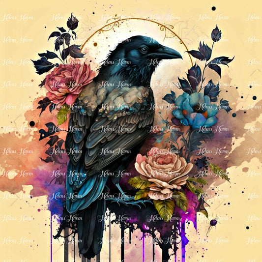 Stunning raven on dark roses