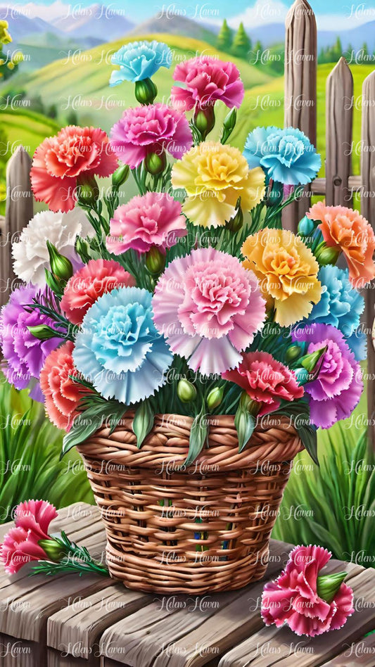 Colourful carnations in a basket