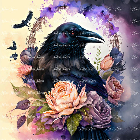 The raven sits among a wreath of delicate purple and apricot flowers