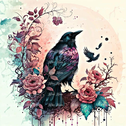 The raven is perched on a flower wreath ready to fly at a moments notice
