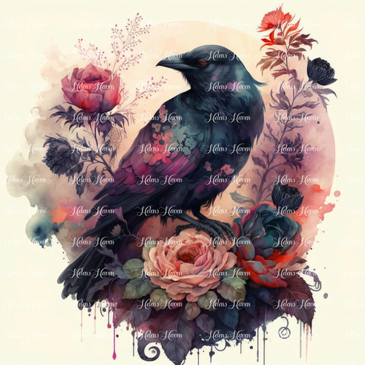 A delicate floral wreath with watercolour drips is the home to this raven