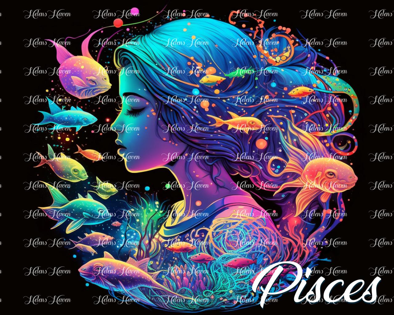 A deep sea mermaid closes her eyes and the fish swarm towards her in neon tones representing Pisces